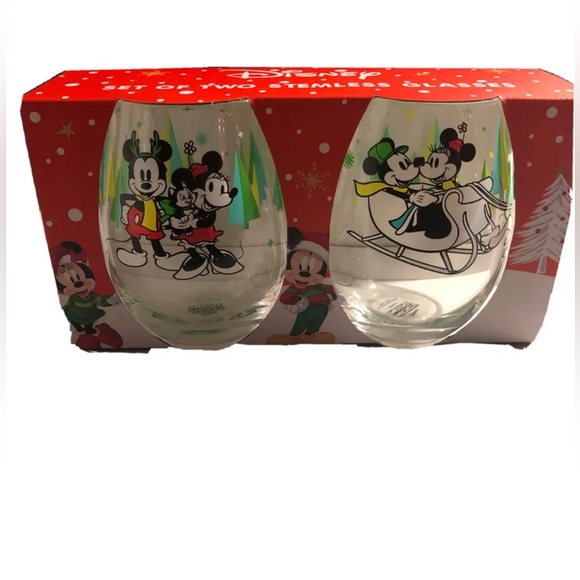 DISNEY Christmas MICKEY MOUSE & MINNIE MOUSE STEMLESS GLASSES SET OF 2 NEW - Picture 2 of 3